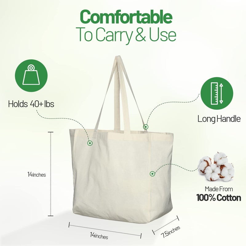 Greenmile 6 Pack Canvas Reusable Grocery Bags - Cotton Canvas Grocery Bag Cloth Shopping Tote With Long Handles Bulk - Heavy Duty Grocery Tote Bag - Large, Foldable and Lightweight - Capacity 40 lbs - Image 3